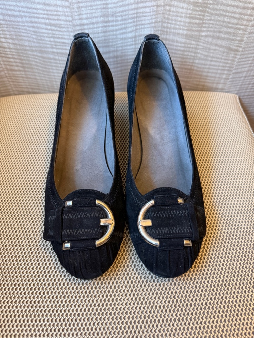 Stuart Weitzman Black Suede Women's Ballet Flats with Gold Buckle